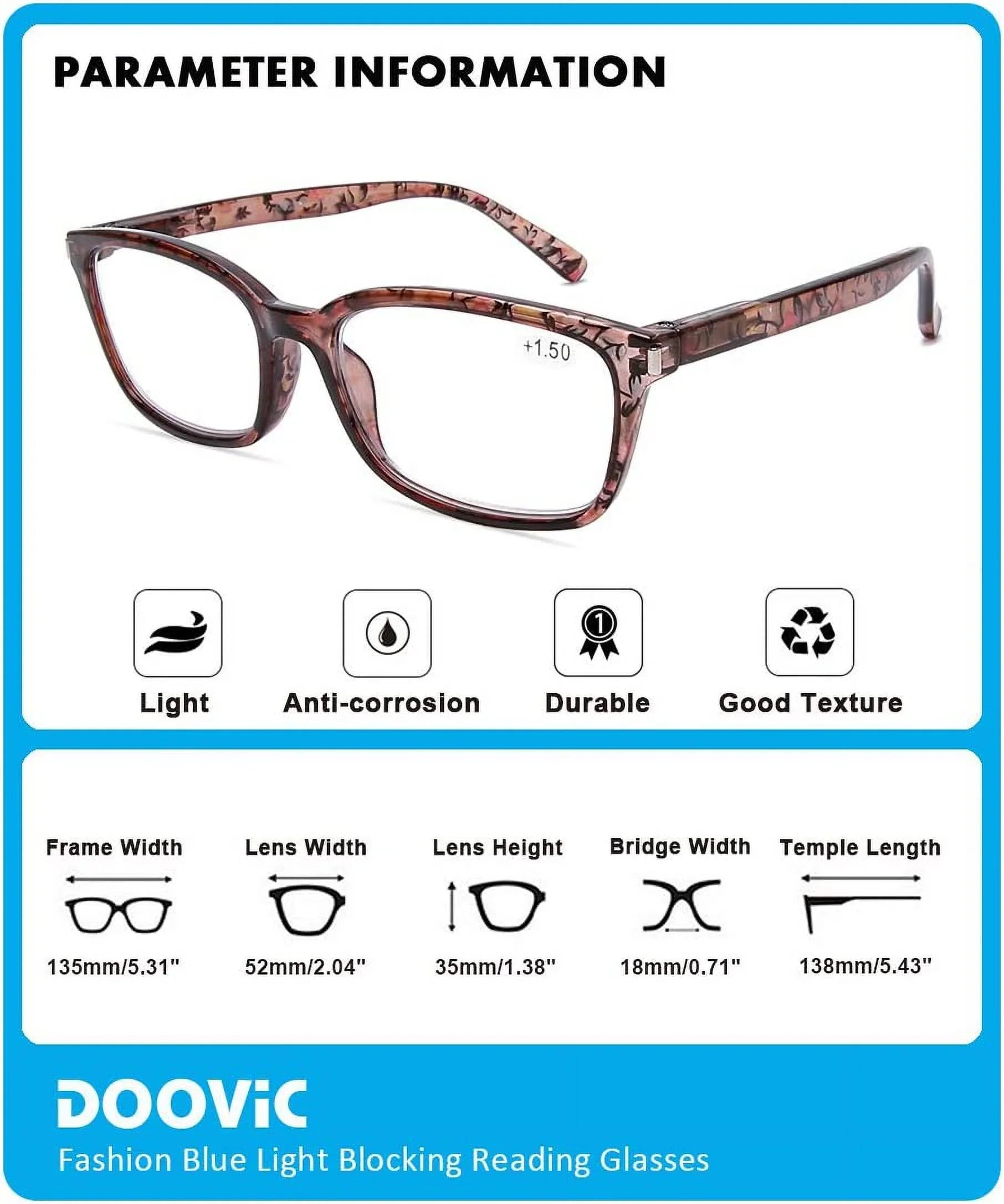 DOOViC 4 Pack Computer Reading Glasses Blue Light Blocking Anti Eyestrain Spring Hinge Stylish Readers for Women 1.50 Strength