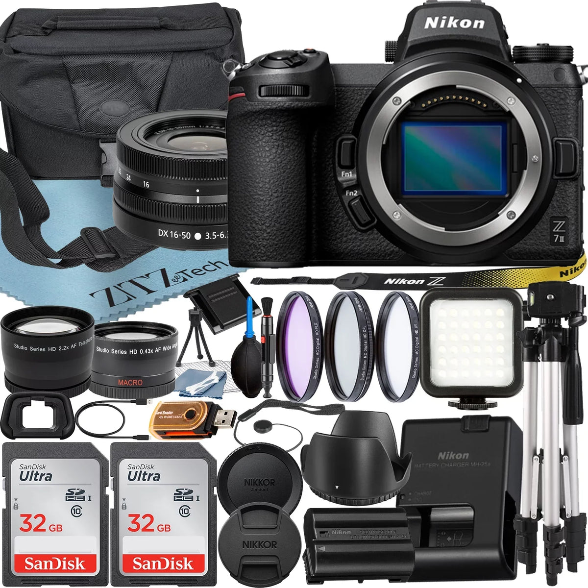 Nikon Z7 II Mirrorless Camera with NIKKOR Z DX 16-50mm VR Zoom Lens + SanDisk 32GB Card + Case + Wideangle + Tripod + ZeeTech Accessory Bundle