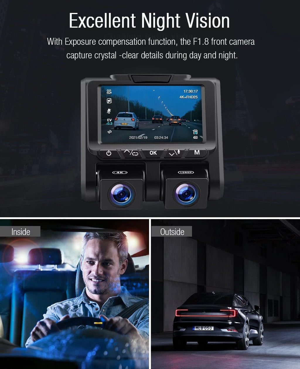 4K Dash Camera TOGUARD 4K+1080P Dash Cam Front and Inside 3" LCD Screen Car Camera Loop Recording Parking Mode G-Sensor