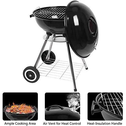 Charcoal Grill 18 Inch for Outdoor Cooking BBQ Barbecue Coal Kettle Bowl Grill Portable Heavy Duty Round with Wheels for Patio Backyard Camping
