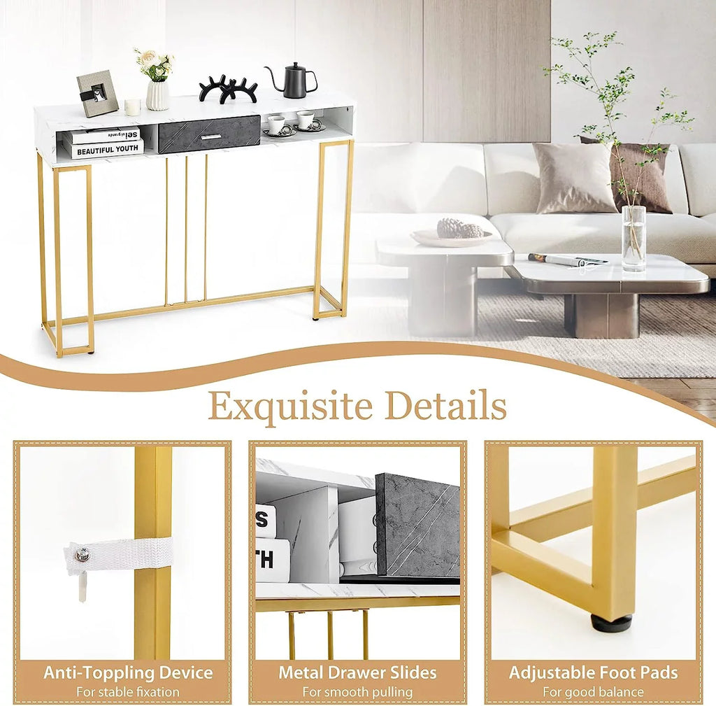 NLTBONNIE Console Table with Drawer - Sofa with Anti-Toppling Device &amp; Adjustable Foot Pads Faux Marble Foyer Table for Hallway Entryway Living Room Dining Room &amp; Kitchen Ent