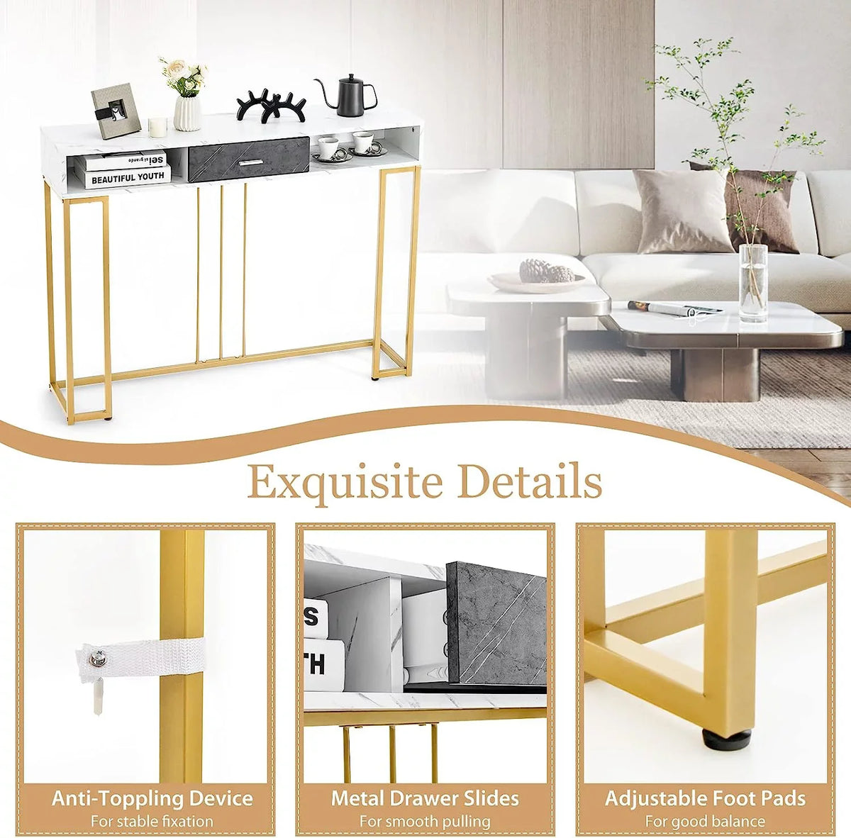 NLTBONNIE Console Table with Drawer - Sofa with Anti-Toppling Device &amp; Adjustable Foot Pads Faux Marble Foyer Table for Hallway Entryway Living Room Dining Room &amp; Kitchen Ent