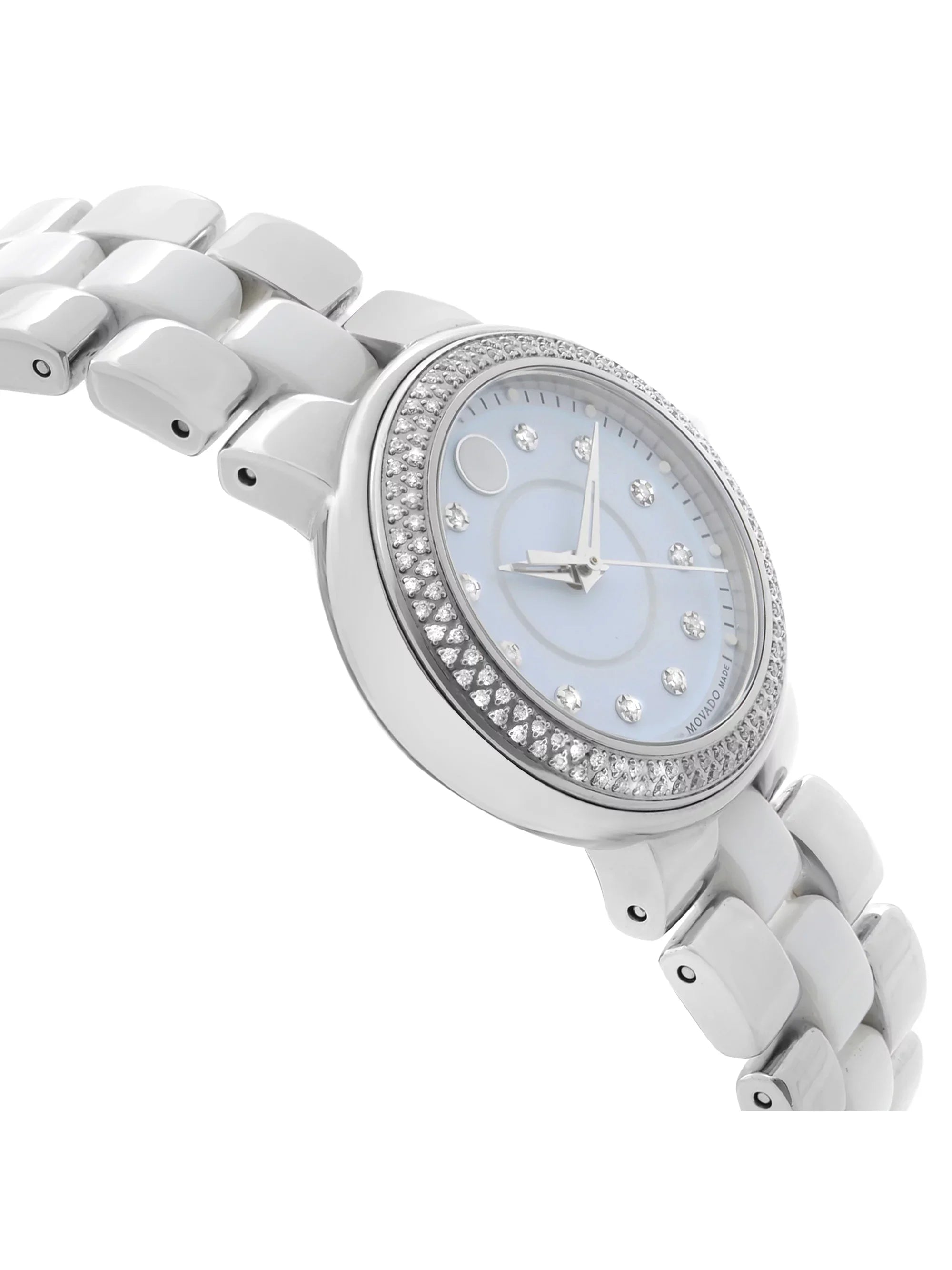 Movado Cerena 28mm Steel White Ceramic Diamond Bezel Quartz Ladies Watch 0606931 Pre-Owned