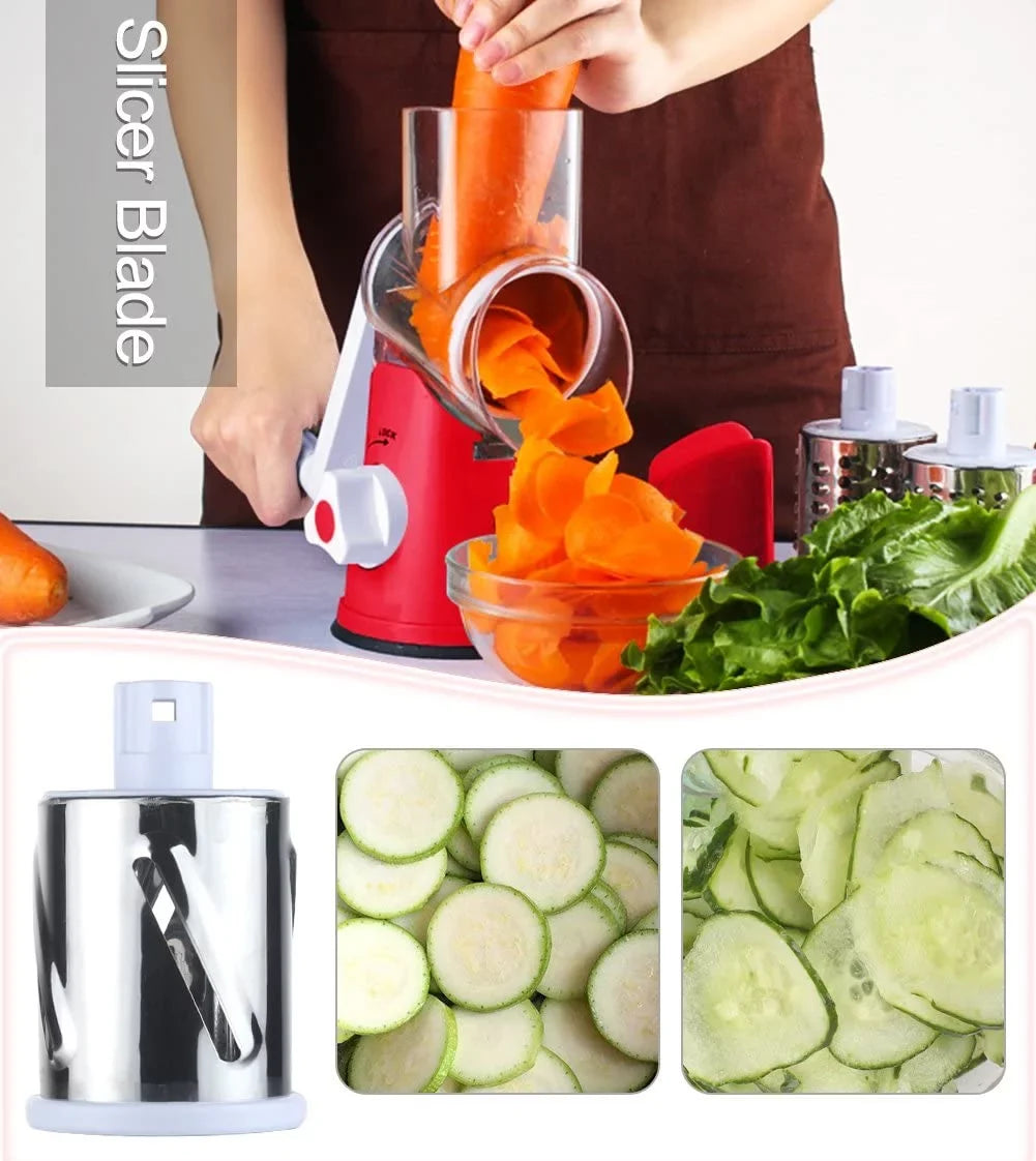 Ourokhome Rotary Cheese Grater Shredder- 3 Drum Bladea Manual Slicer Nut Grinder with Vegetable Peeler and Cleaning Brush (White red)