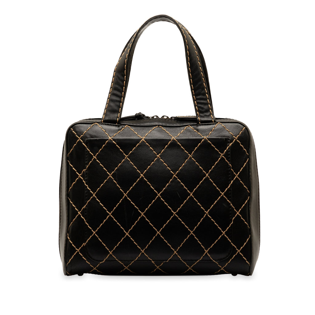 Pre-Owned Authenticated Chanel CC Wild Stitch Handbag Lambskin Leather Black Top HandleBag Unisex (Good)
