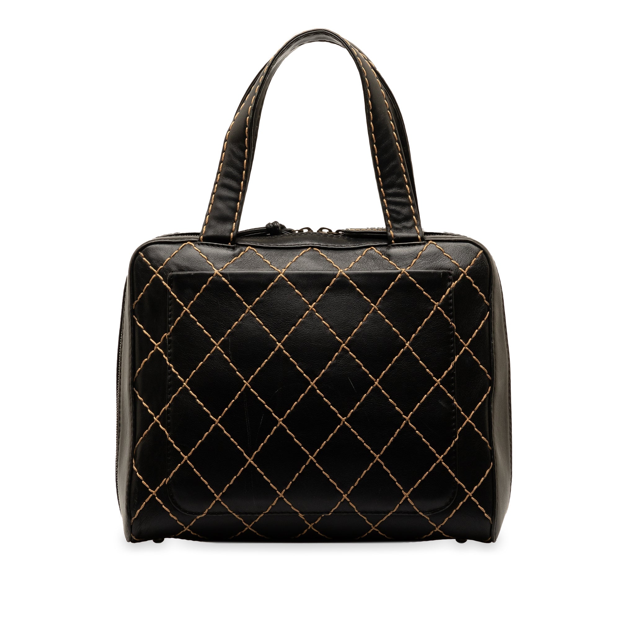 Pre-Owned Authenticated Chanel CC Wild Stitch Handbag Lambskin Leather Black Top HandleBag Unisex (Good)