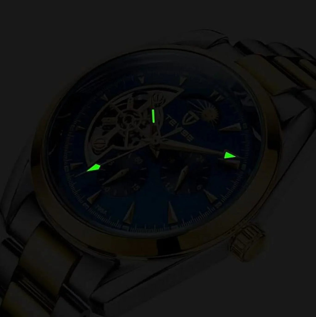 Men's Tourbillon Automatic Mechanical Luminous Moon Phase Chronograph Waterproof Watch Black Face Stainless Steel Band Graduation Gift Best Gift for Him