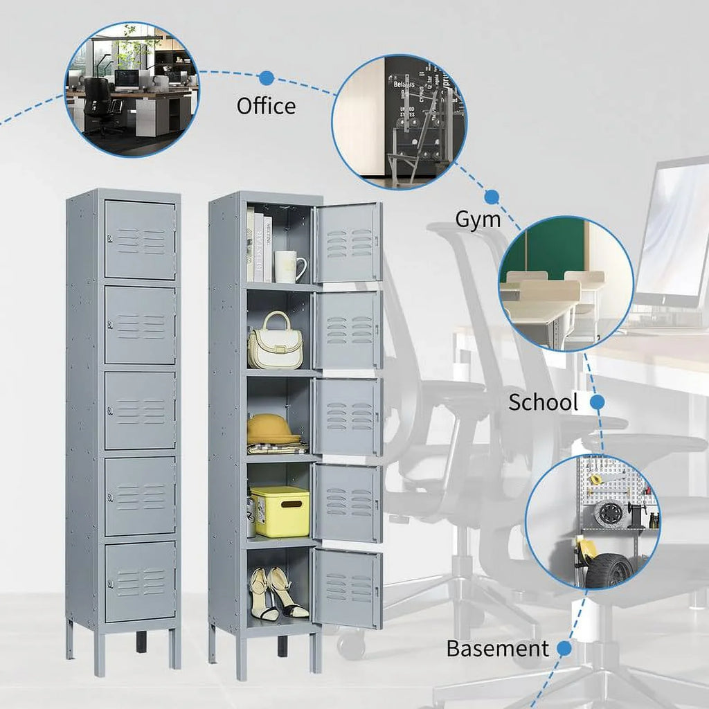 IKIMI 66" Metal Storage Cabinet Locker for School, Gym, Home Office, Steel Locker Cabinet With 5 Doors for Employees, Students