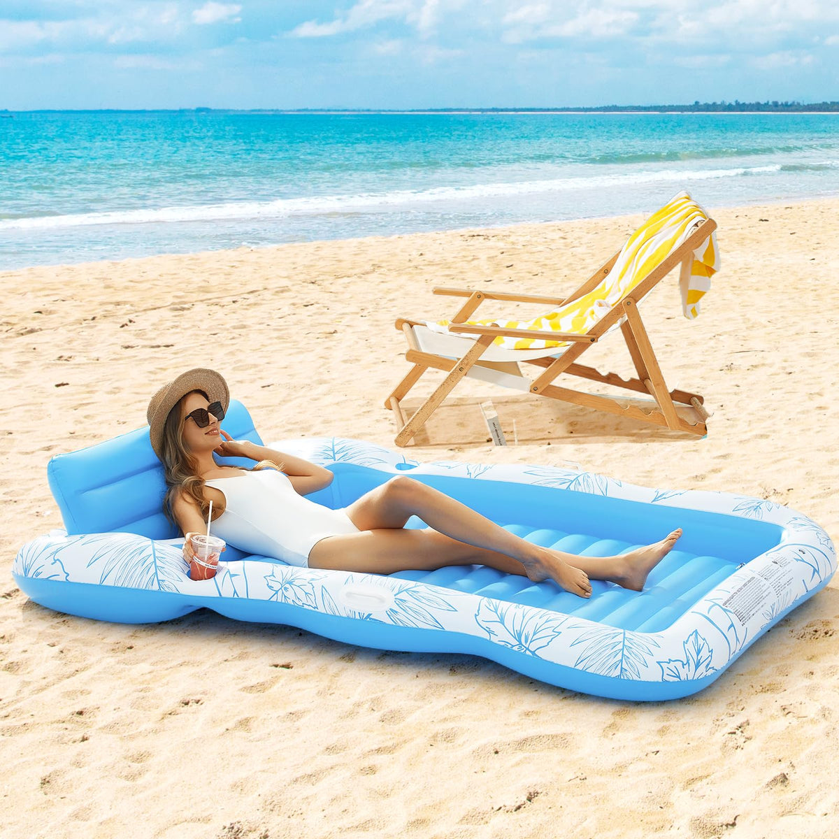 Inflatable Tanning Pool Lounger Float -4 in 1 Sun Tan Tub Sunbathing Pool Lounge Raft Floatie Toys Water Filled Tanning Bed Mat Pad for Adult Blow Up Kiddie Pool Kids Ball Pit Pool L