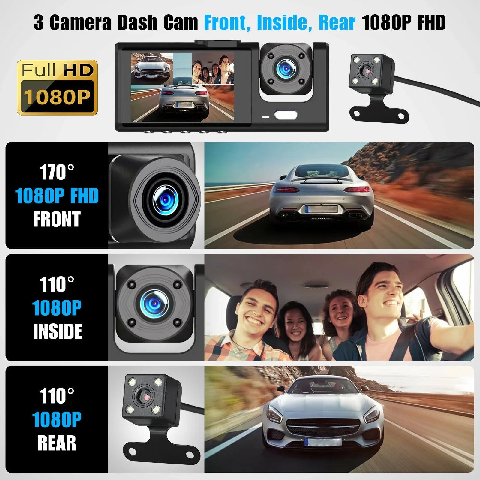 HD 1080P Car Dual Dash Cam, Front/Rear/Inside Dual Lens Dash Camera, Video Recorder Camera with G-sensor