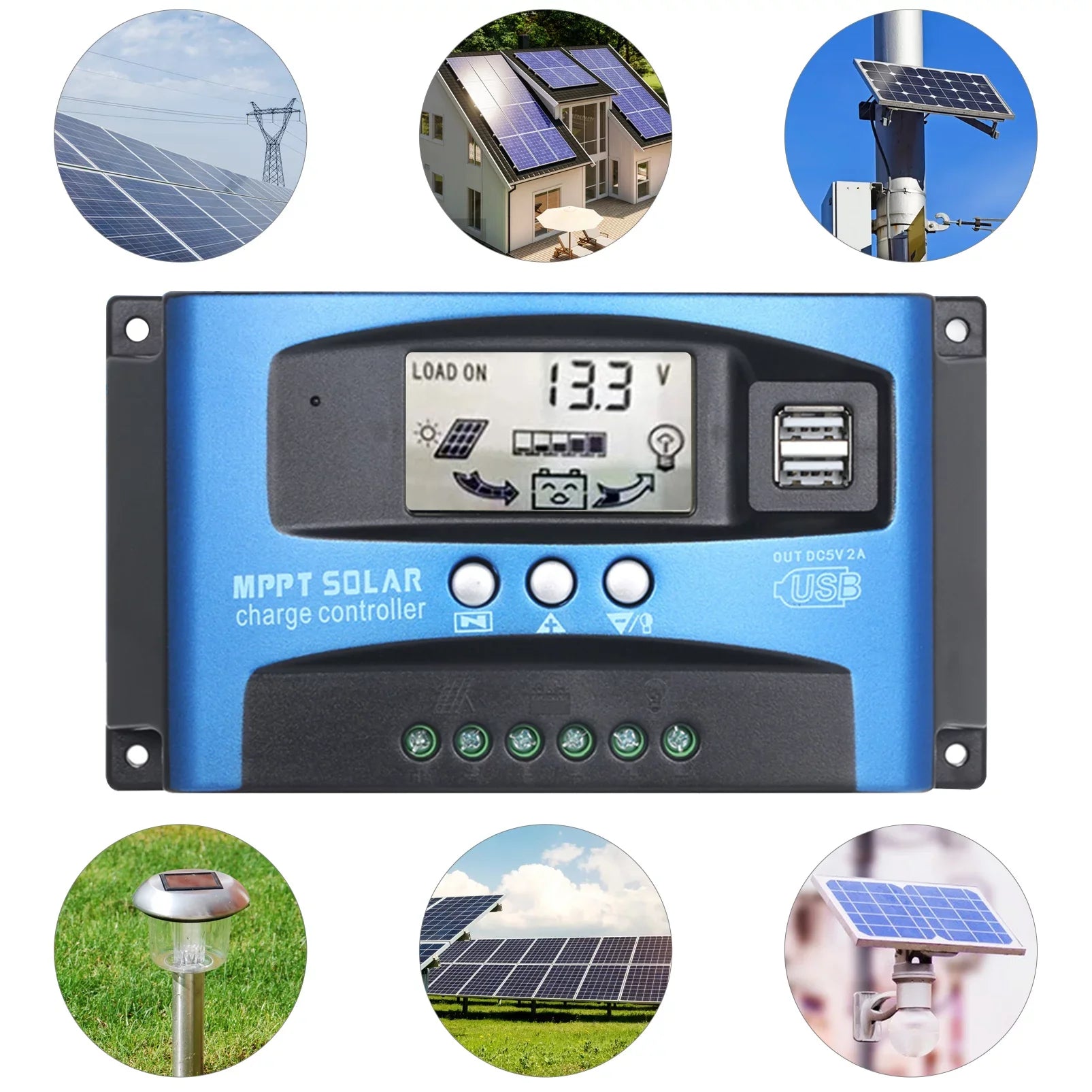 Htovila 30A-100A Solar Charge Controller Solar Panel Charge Controller Dual USB Charge Regulator Intelligent Adjustable Parameter LCD Display