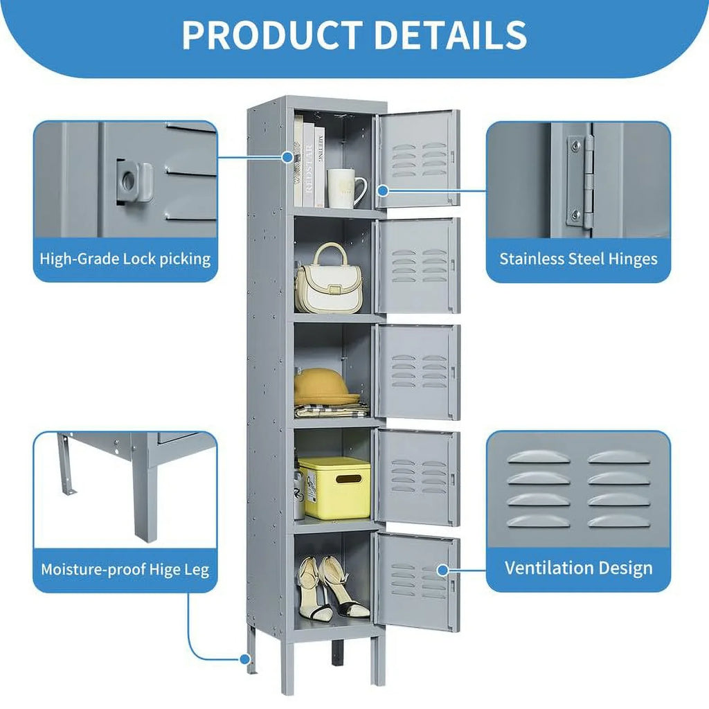 IKIMI 66" Metal Storage Cabinet Locker for School, Gym, Home Office, Steel Locker Cabinet With 5 Doors for Employees, Students