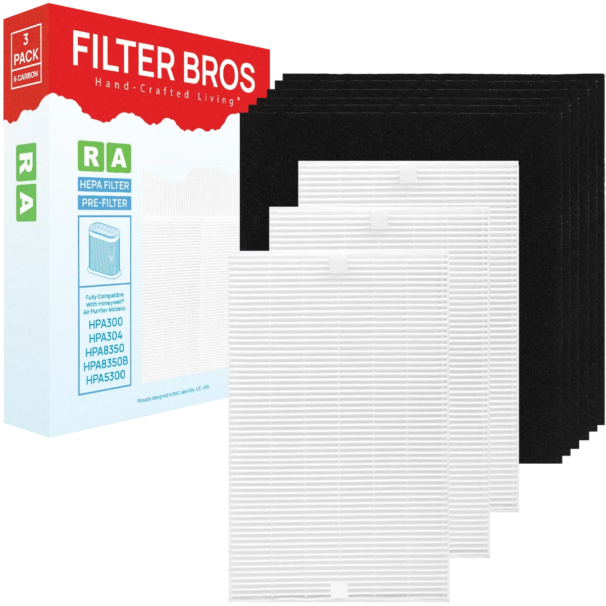 Filter Bros HRF-R3 HRF-A300 Compatible With Honeywell Air Purifier Filter Kit includes 3 HEPA R and 6 A Charcoal Pre-Filters Replacement for HPA 090, 100, 200, 300, and 3000, 5000 Series Machines