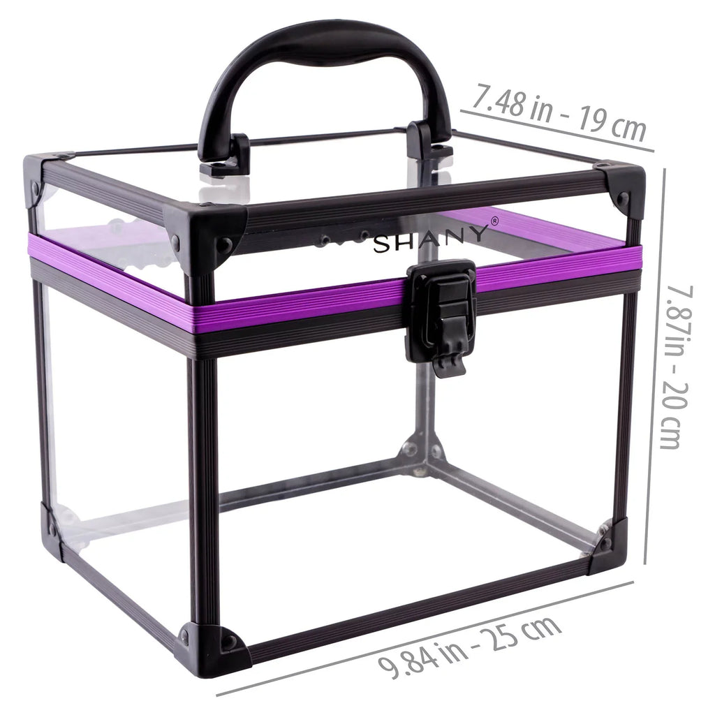 SHANY Clear Cosmetics and Toiletry Train Case - Clear Travel Makeup Bag Case Organizer with Secure Closure and Black/Purple Accents - Extra Large