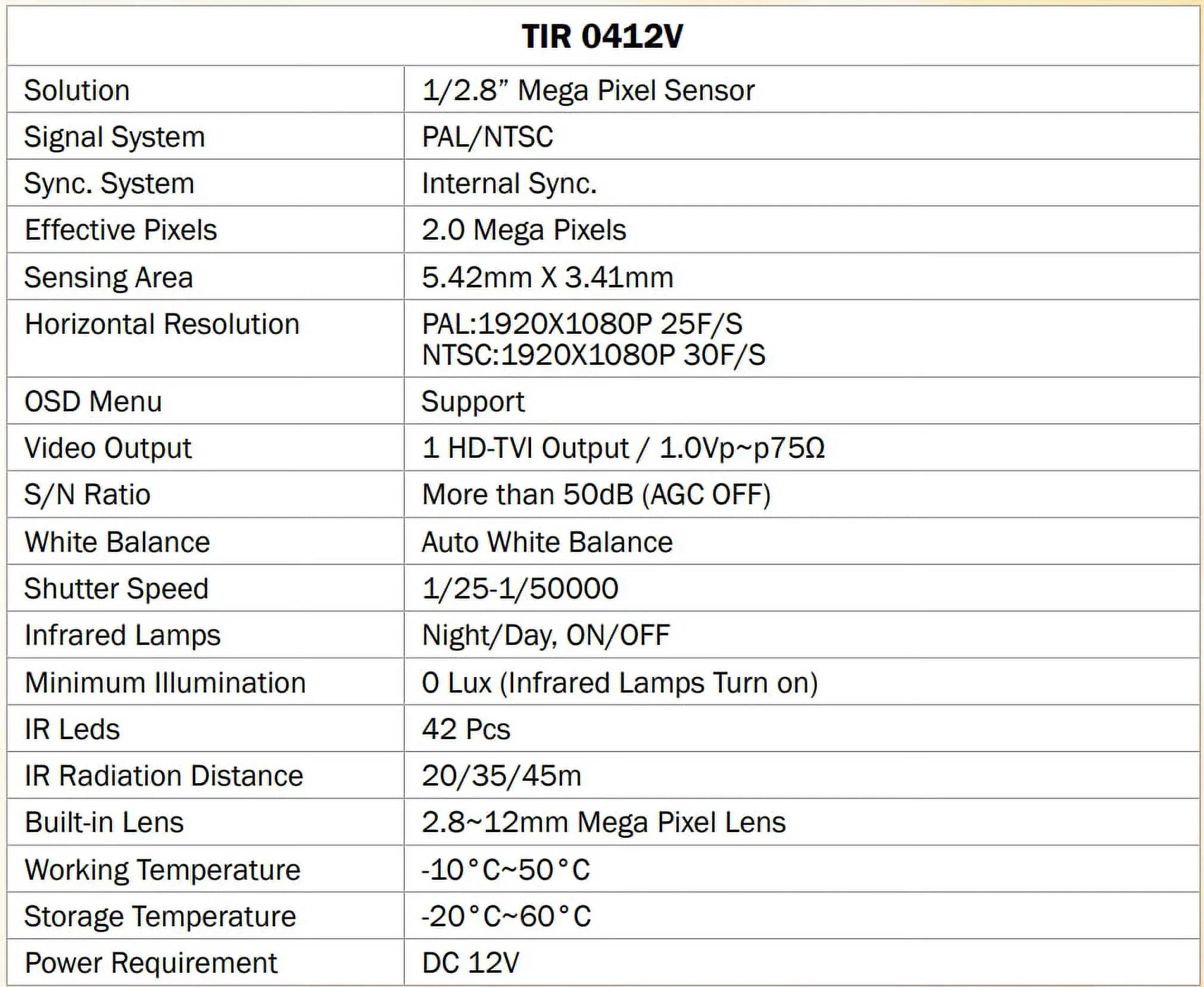 Eyemax TIR-0412V-B HD-TVI 2MP Outdoor Bullet Camera, 2.8-12mm, 42 IR LED 12V DC