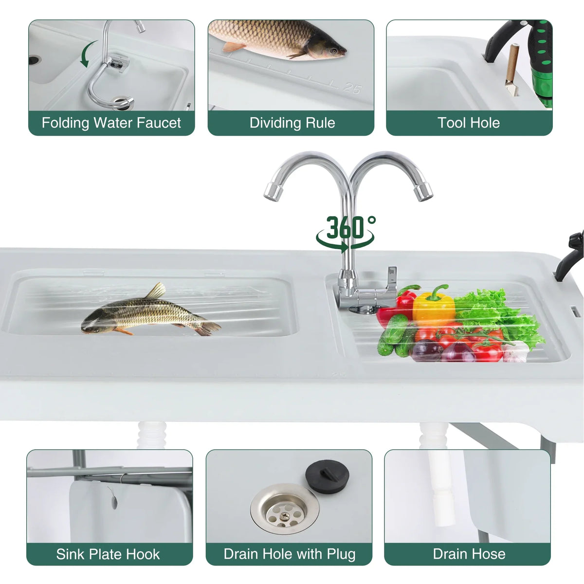 REDCAMP Folding Fish Cleaning Table with 2 Sinks and Sprayer, Outdoor Camping Sink Station w/ Flexible Faucet/Drainage Hoses/Rack/Basket, Portable Camping Table for Garden Beach Patio Picnic