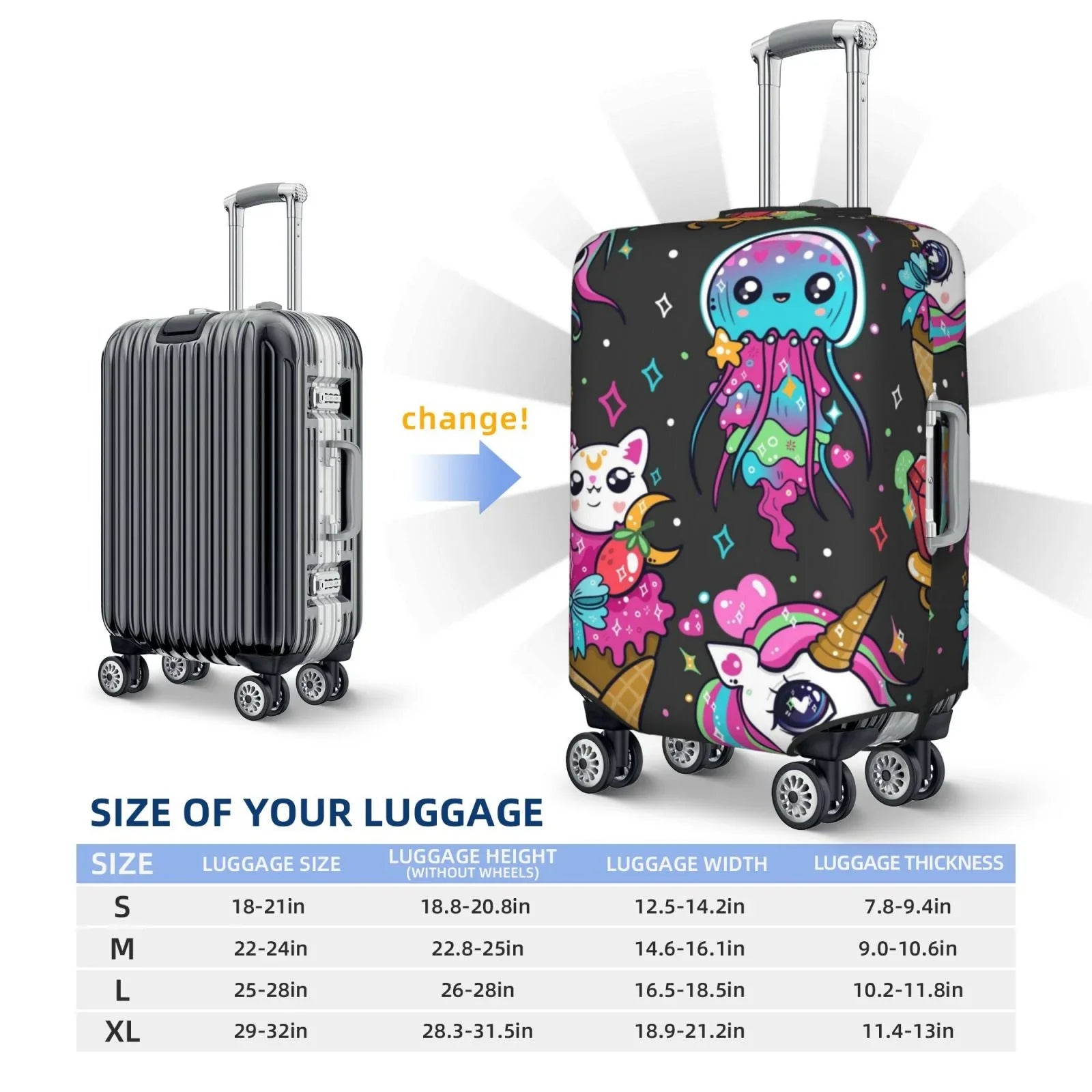 Fotbe Rainbow Unicorn And Cat Icecream Luggage Cover Protector,Suitcase Cover Protector Fit 18-32 Inch Luggage,Washable Protector Covers Dust And Stratch Resistance