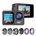 4K 24MP Dual Screen Sport Camera DV Camcorder 2.0 Inch Screen 170° Wide Angle EIS 40m Waterproof WiFi with Macro CPL ND4 8 16 Purple Lens for Outdoor Sports