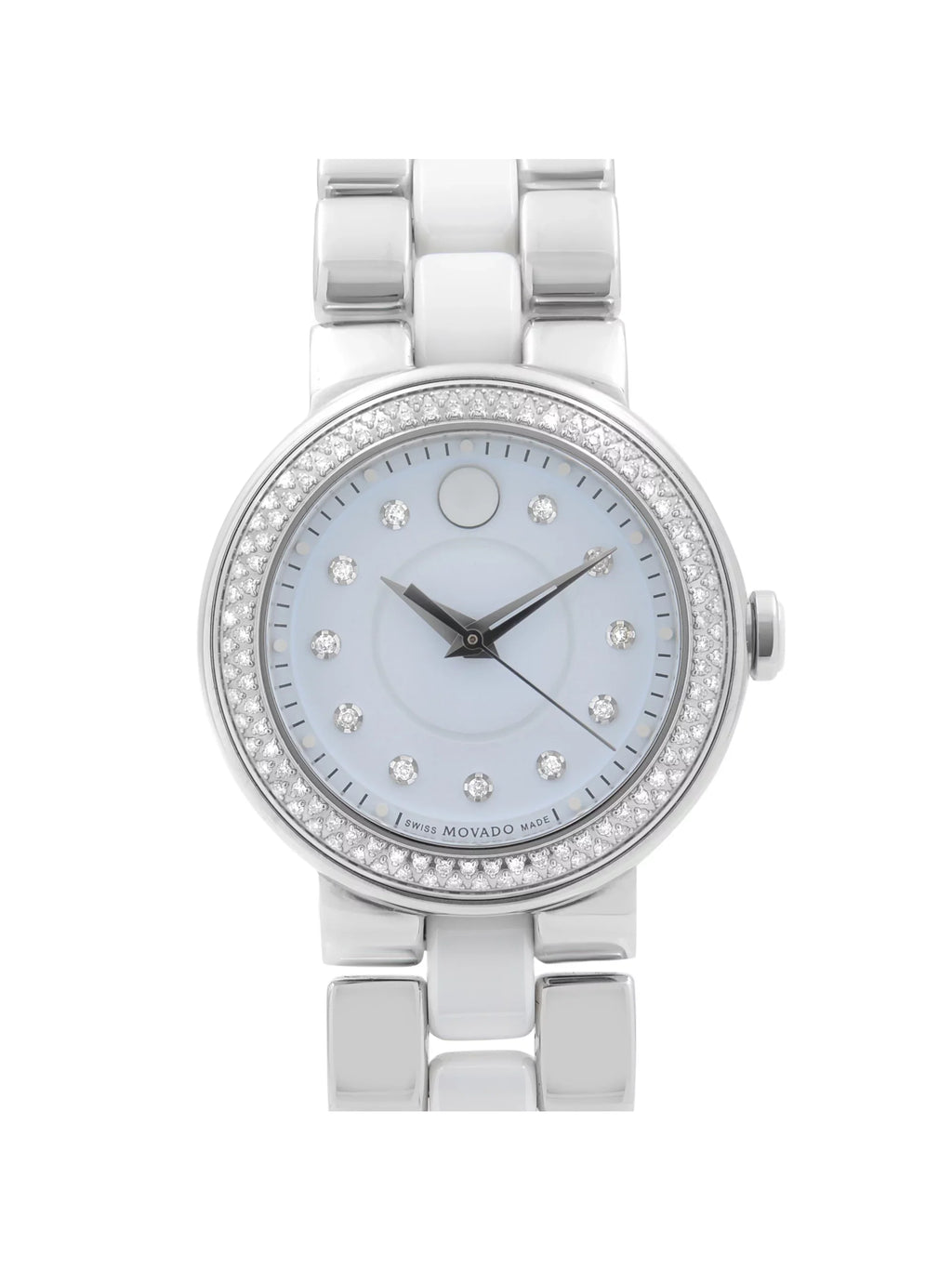 Movado Cerena 28mm Steel White Ceramic Diamond Bezel Quartz Ladies Watch 0606931 Pre-Owned