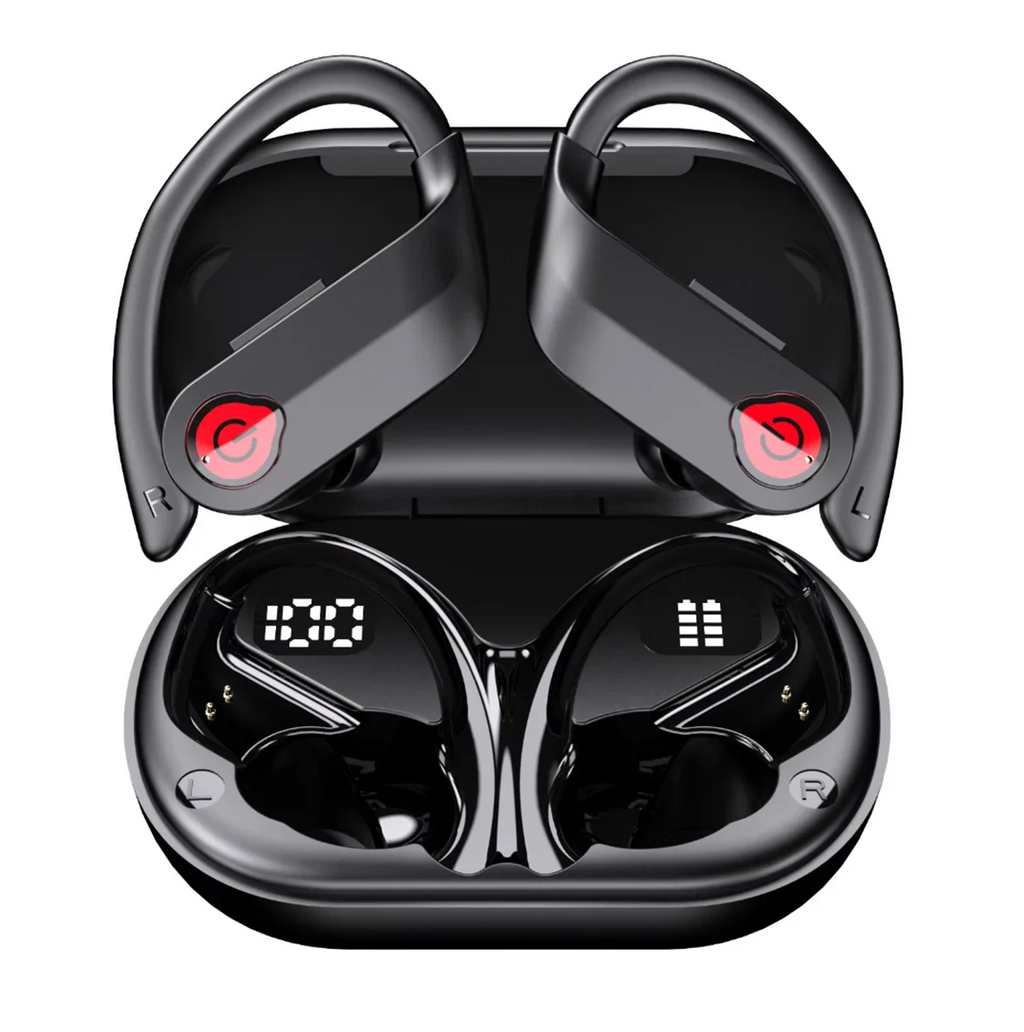 Bluetooth Headphones Wireless Earbuds 20hrs Playtime Charging Case Digital Display Sports Ear buds with Earhook Premium Deep Bass IPX7 Waterproof Over-Ear Earphones for TV Phone Portable computer Black