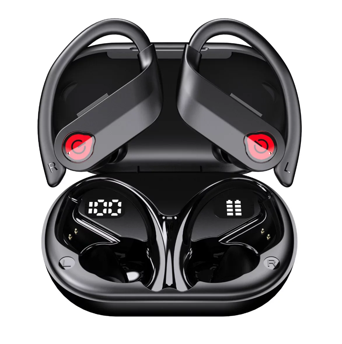 Bluetooth Headphones Wireless Earbuds 20hrs Playtime Charging Case Digital Display Sports Ear buds with Earhook Premium Deep Bass IPX7 Waterproof Over-Ear Earphones for TV Phone Portable computer Black
