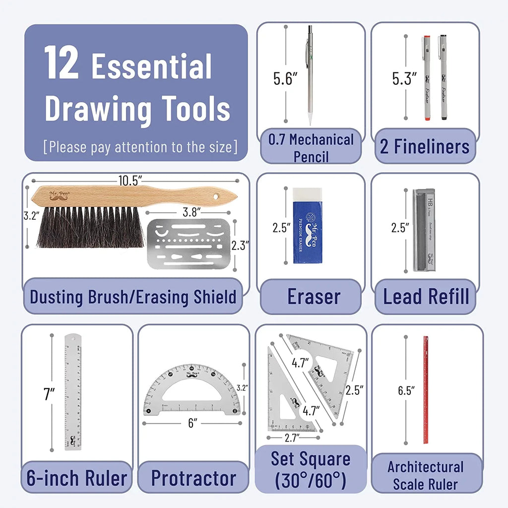 Mr. Pen- Architect Set, Professional Geometry Set, 17 Pcs, Compass and Protractor Set, Drafting Tools