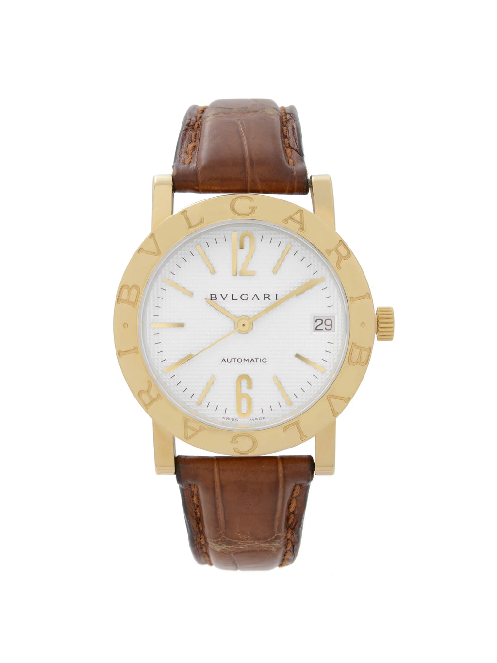 Bvlgari 33mm 18k Yellow Gold White Dial Leather Strap Automatic Watch BB33GL