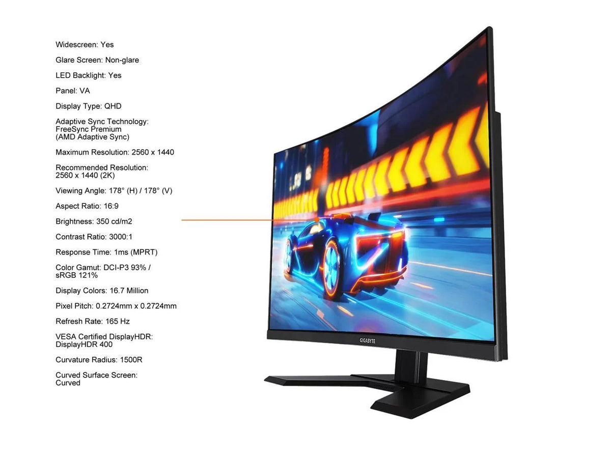 GIGABYTE 32" 165Hz 2K Curved Gaming Monitor 1ms FreeSync Premium Pro, QHD 2560 x 1440, 93% DCI-P3, VESA HDR400, 1 x DisplayPort 1.2, 2 x HDMI 2,0, 2 x USB 3.0 G32QC A