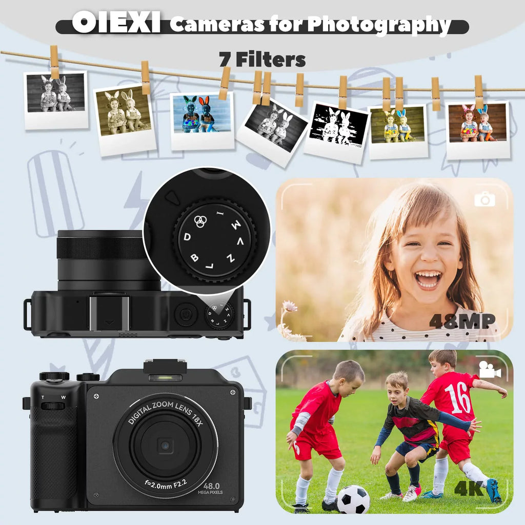 OIEXI 48MP Digital Camera for Photography,4K Video Camera with Front and Rear Dual Cameras,18X Digital Zoom,3.0-inch Screen,32GB Micro Card,Rechargeable Battery,Camera for Kids/Teens/Beginners(Black)