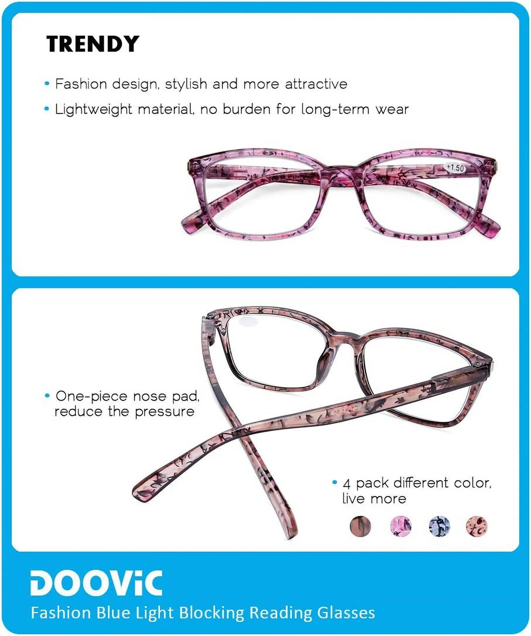 DOOViC 4 Pack Computer Reading Glasses Blue Light Blocking Anti Eyestrain Spring Hinge Stylish Readers for Women 1.50 Strength