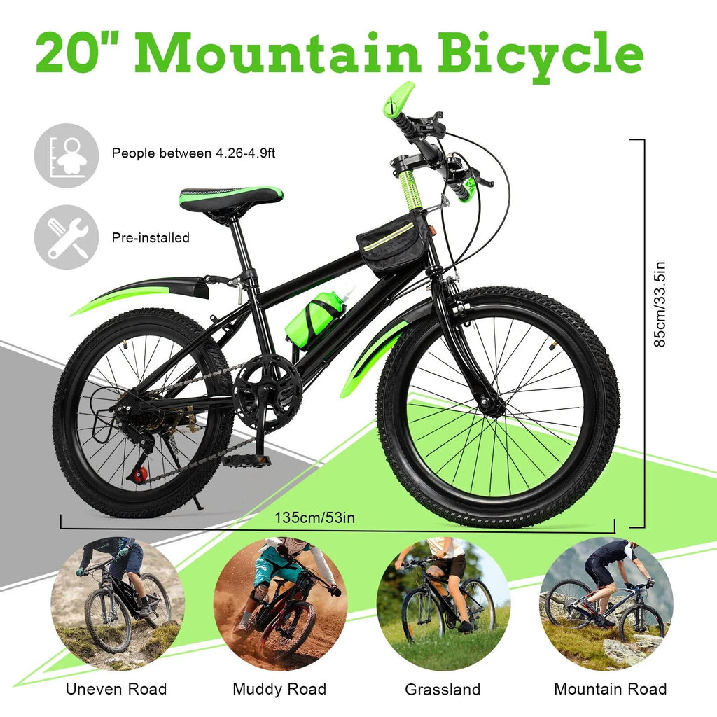 Kids Bike 20in Child Bike 7 Speed High Carbon Steel Bicycle w/ Double Disc Brake