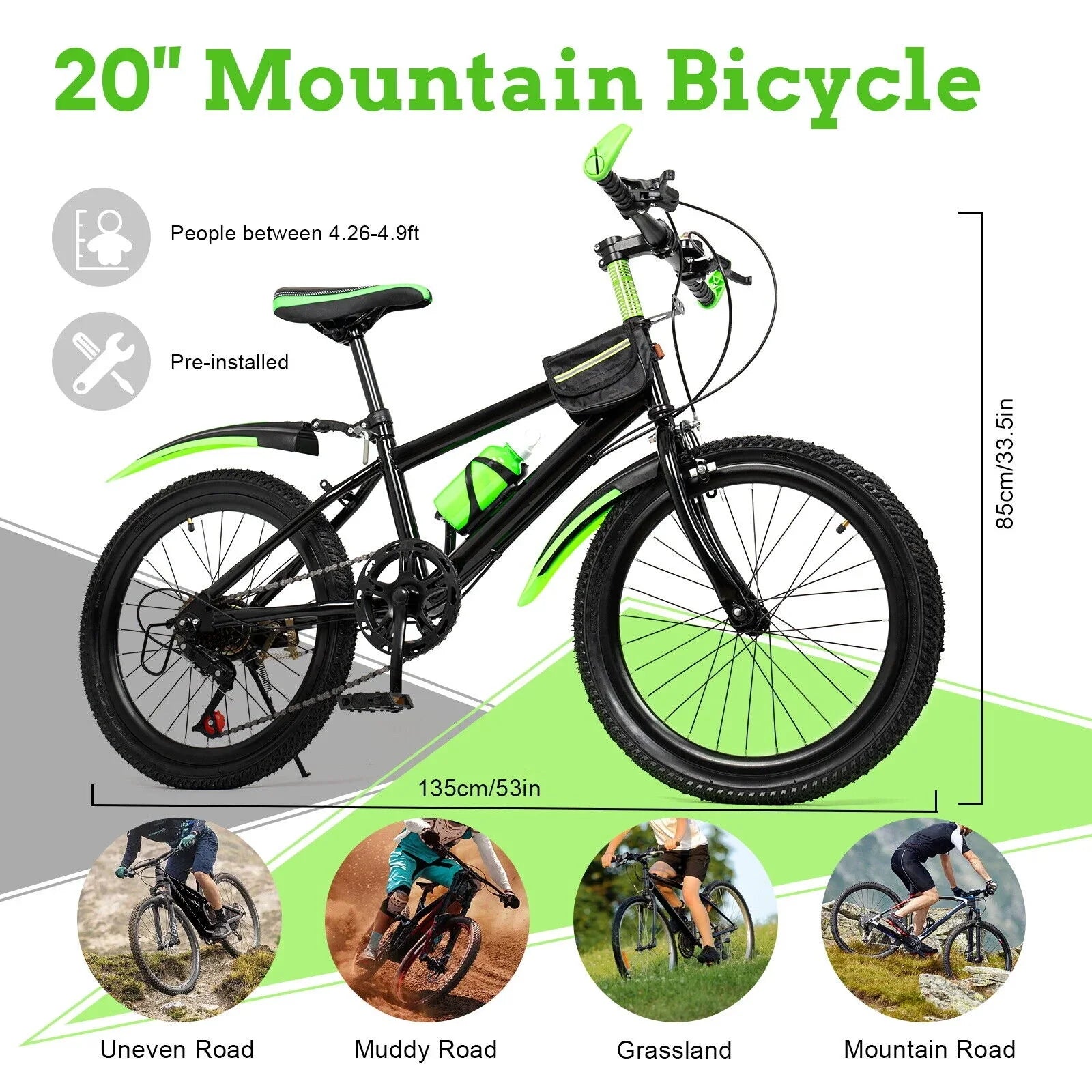 Kids Bike 20in Child Bike 7 Speed High Carbon Steel Bicycle w/ Double Disc Brake