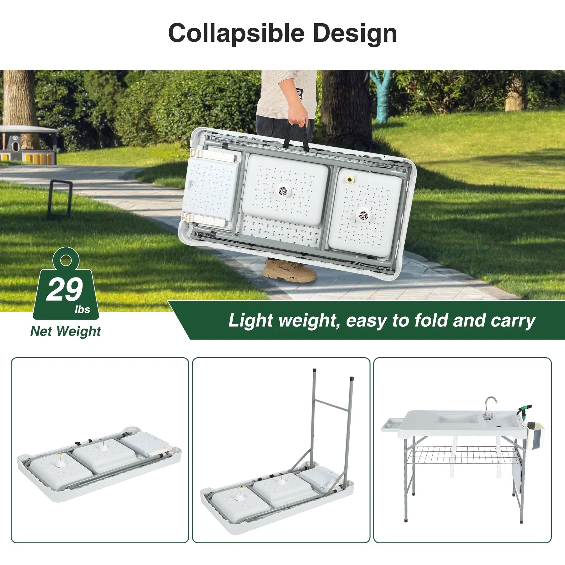 REDCAMP Folding Fish Cleaning Table with 2 Sinks and Sprayer, Outdoor Camping Sink Station w/ Flexible Faucet/Drainage Hoses/Rack/Basket, Portable Camping Table for Garden Beach Patio Picnic
