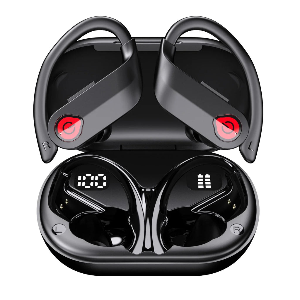 Bluetooth Headphones Wireless Earbuds 20hrs Playtime Charging Case Digital Display Sports Ear buds with Earhook Premium Deep Bass IPX7 Waterproof Over-Ear Earphones for TV Phone Portable computer Black