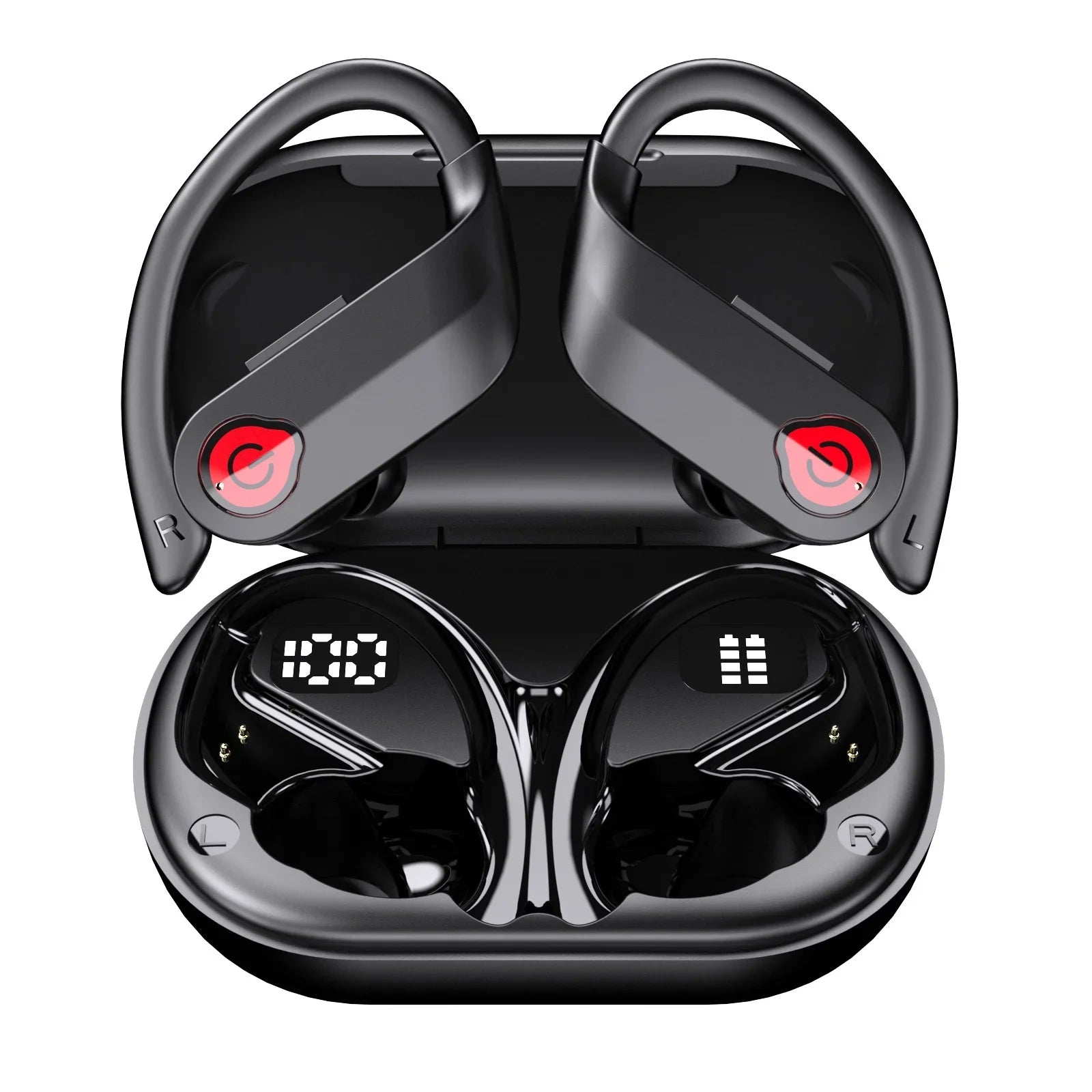 Bluetooth Headphones Wireless Earbuds 20hrs Playtime Charging Case Digital Display Sports Ear buds with Earhook Premium Deep Bass IPX7 Waterproof Over-Ear Earphones for TV Phone Portable computer Black