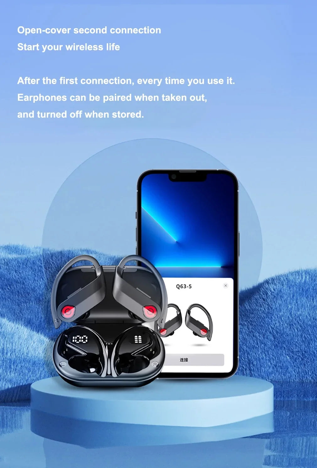 Bluetooth Headphones Wireless Earbuds 20hrs Playtime Charging Case Digital Display Sports Ear buds with Earhook Premium Deep Bass IPX7 Waterproof Over-Ear Earphones for TV Phone Portable computer Black