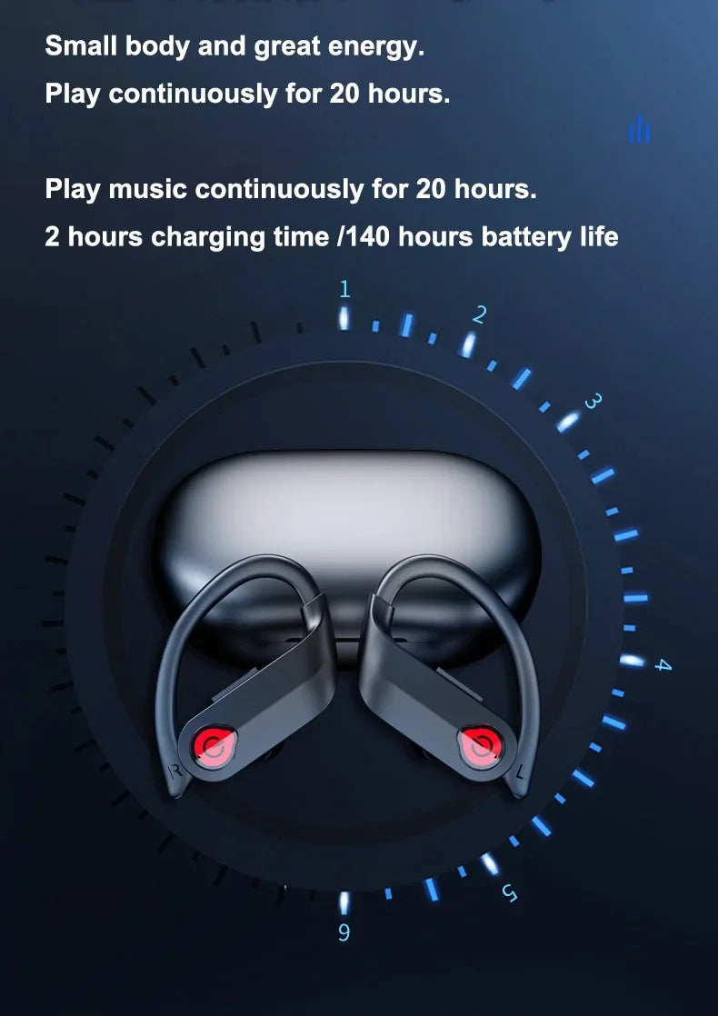 Bluetooth Headphones Wireless Earbuds 20hrs Playtime Charging Case Digital Display Sports Ear buds with Earhook Premium Deep Bass IPX7 Waterproof Over-Ear Earphones for TV Phone Portable computer Black