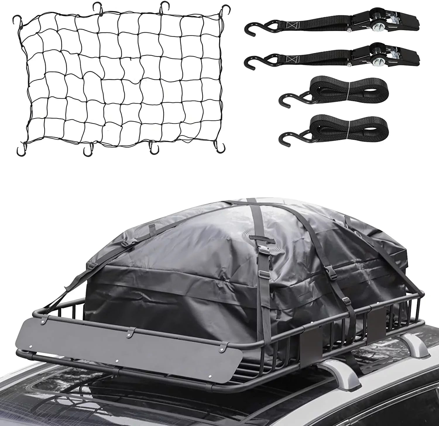Eyoloty Heavy Duty 64"x 39" Roof Rack, Rooftop Cargo Carrier Basket with Waterproof Bag, Tie Down Strap, Net, Rack Extension and Car Top Luggage Holder for SUV, 150lb Capacity, Steel Construction