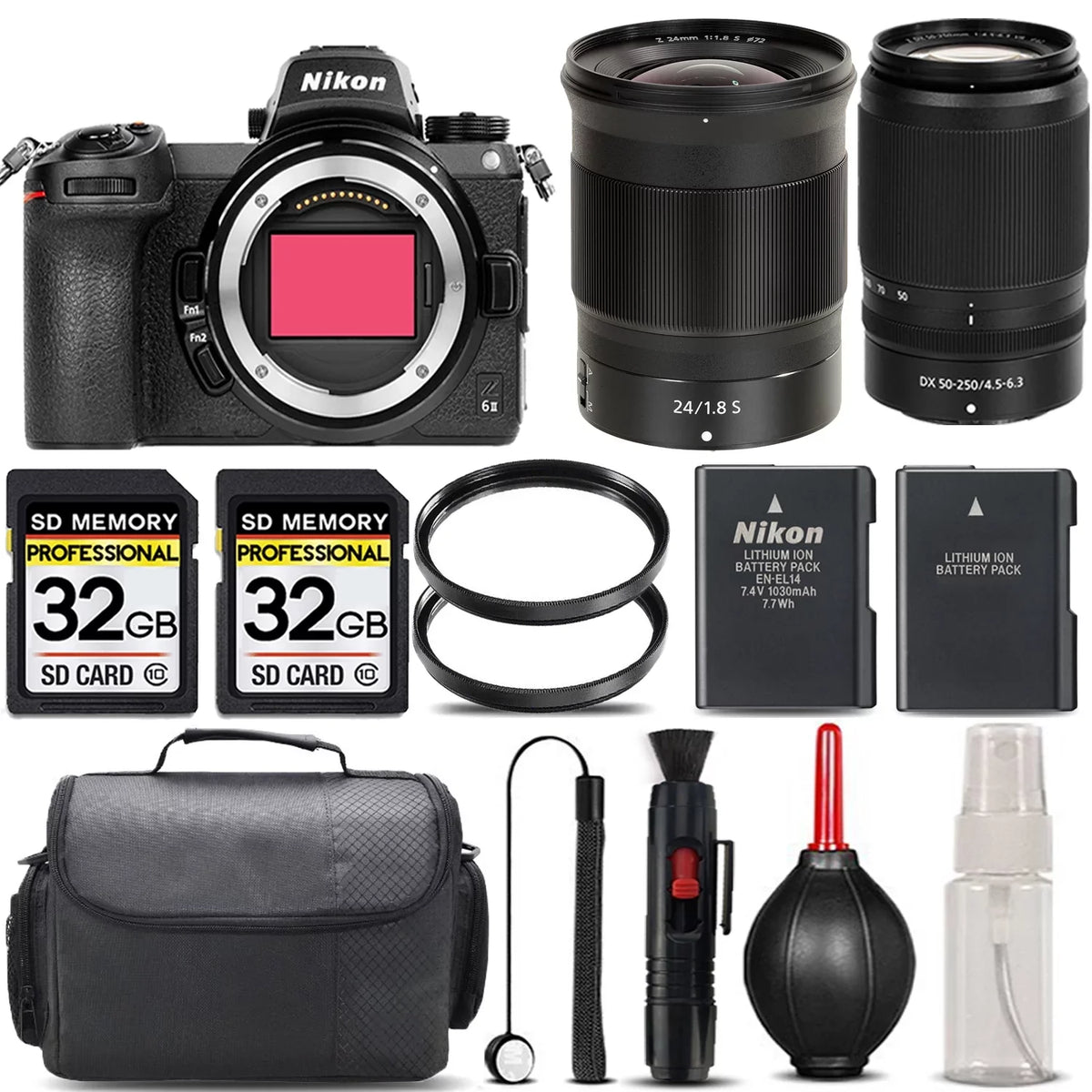 Nikon Z6 II Mirrorless with 50-250mm f/4.5-6.3 VR Lens + 24mm f/1.8 S Lens + 64GB Storage + UV Filter + Backup Battery + Case + Cleaning Kit - International Version
