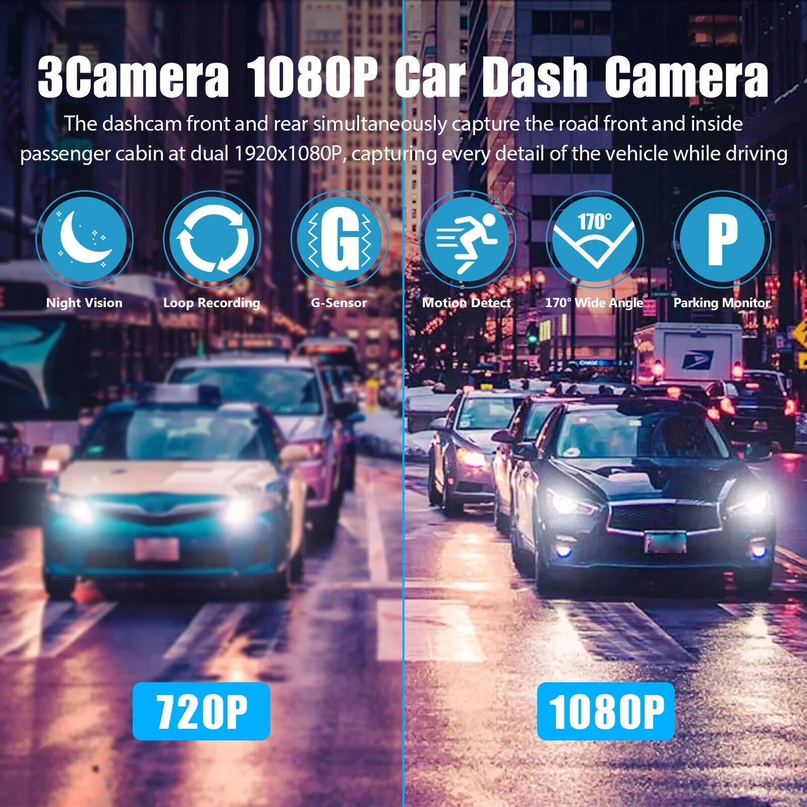 HD 1080P Car Dual Dash Cam, Front/Rear/Inside Dual Lens Dash Camera, Video Recorder Camera with G-sensor