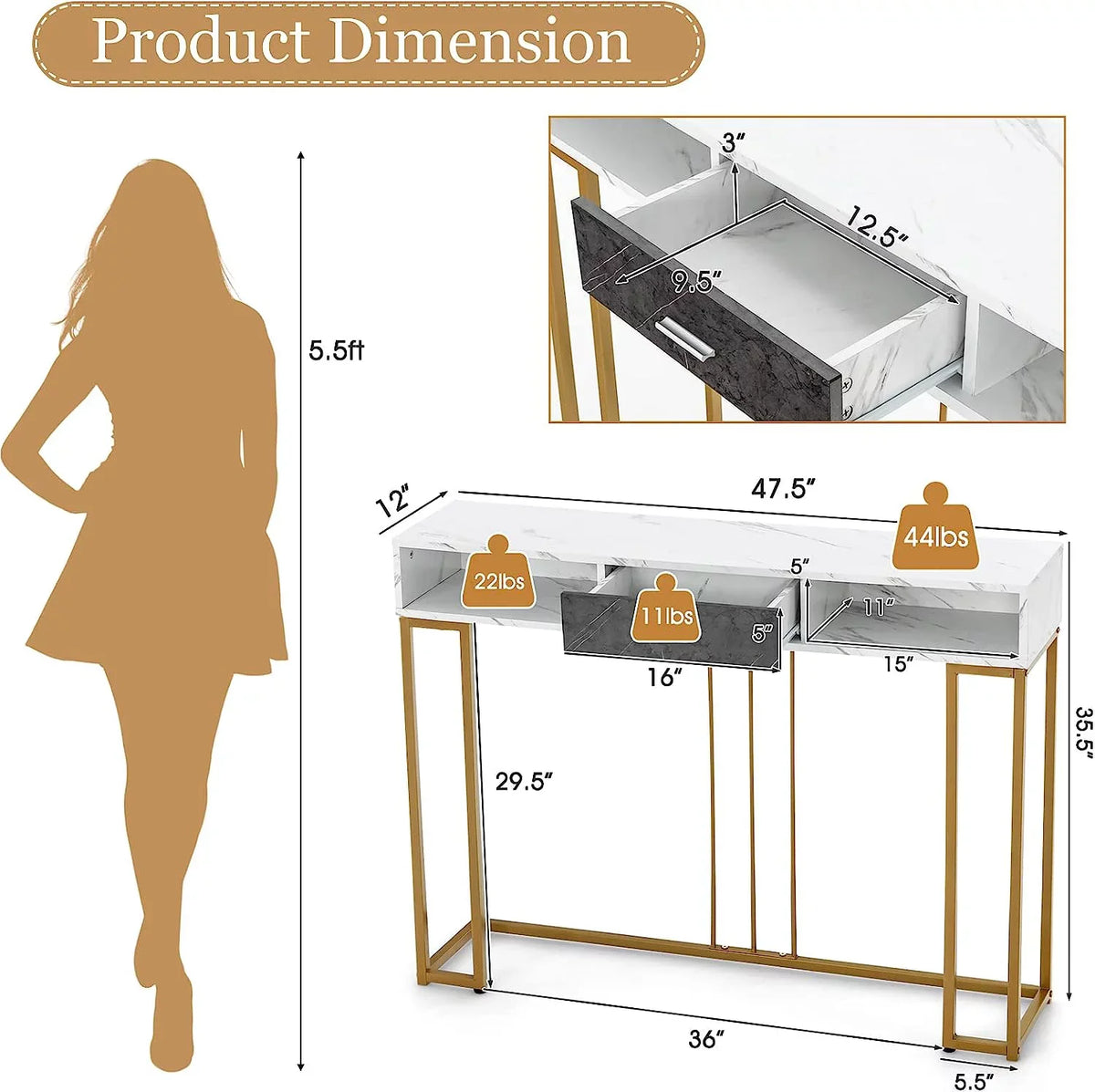 NLTBONNIE Console Table with Drawer - Sofa with Anti-Toppling Device &amp; Adjustable Foot Pads Faux Marble Foyer Table for Hallway Entryway Living Room Dining Room &amp; Kitchen Ent