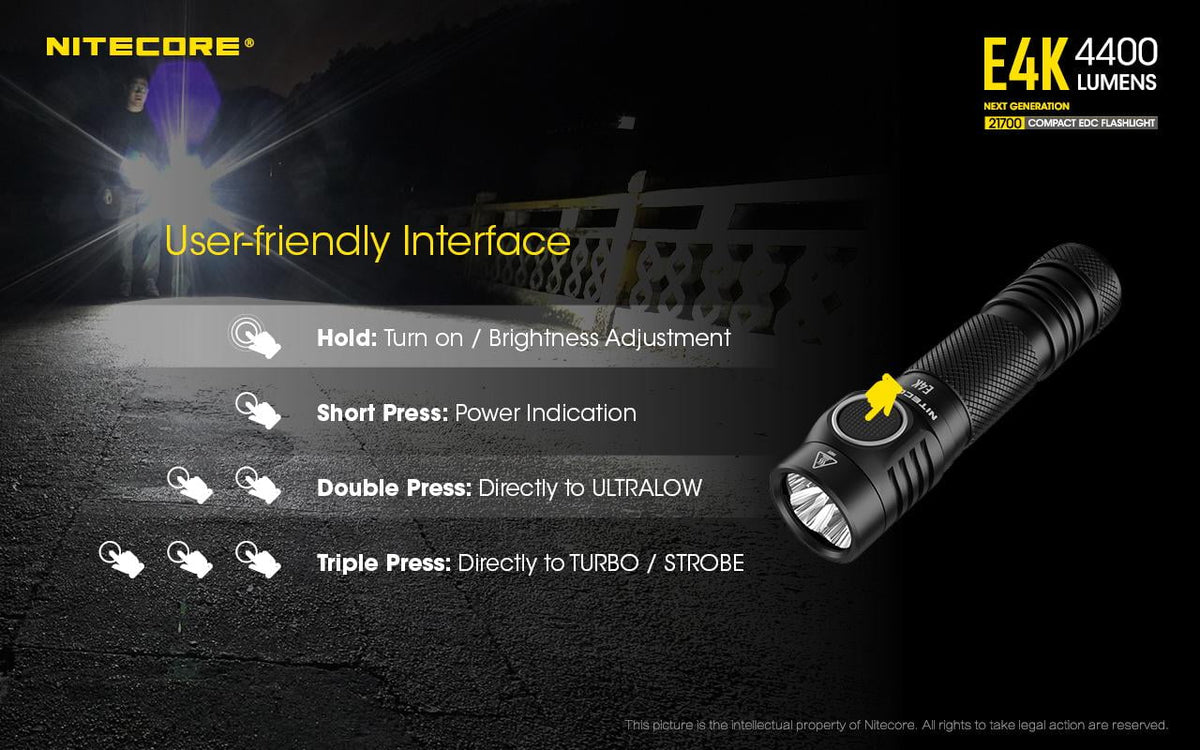 NITECORE E4K Next generation 21700 Compact EDC Flashlight - 4x CREE XP-L2 V6 - 4400 Lumens w/ 1x NITECORE 21700 Rechargeable Li-ion Battery and FREE Eco-Sensa Battery Case