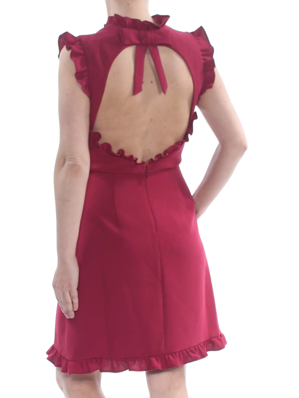 JILL STUART Womens Burgundy Ruffled Tie Open Back Cap Sleeve Turtle Neck Knee Length Evening Sheath Dress 10