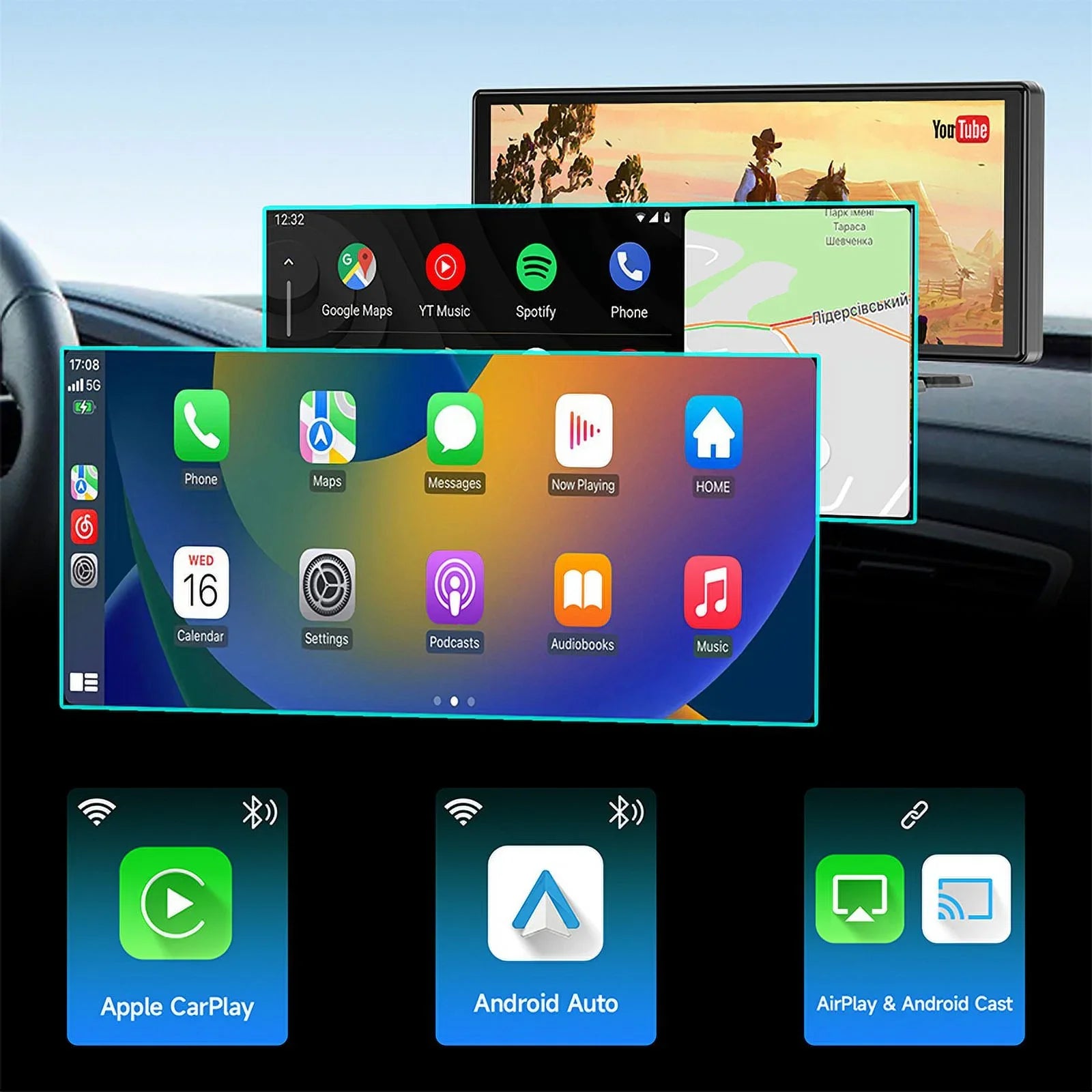 Spedal CL860 Portable CarPlay Screen with 4K Dash Cam Front and Rear- 9.3" Wireless Apple CarPlay ＆Android Auto Car Stereo Bluetooth GPS Navigation Head Unit Car Stereo Receivers 1080p Rear Camera