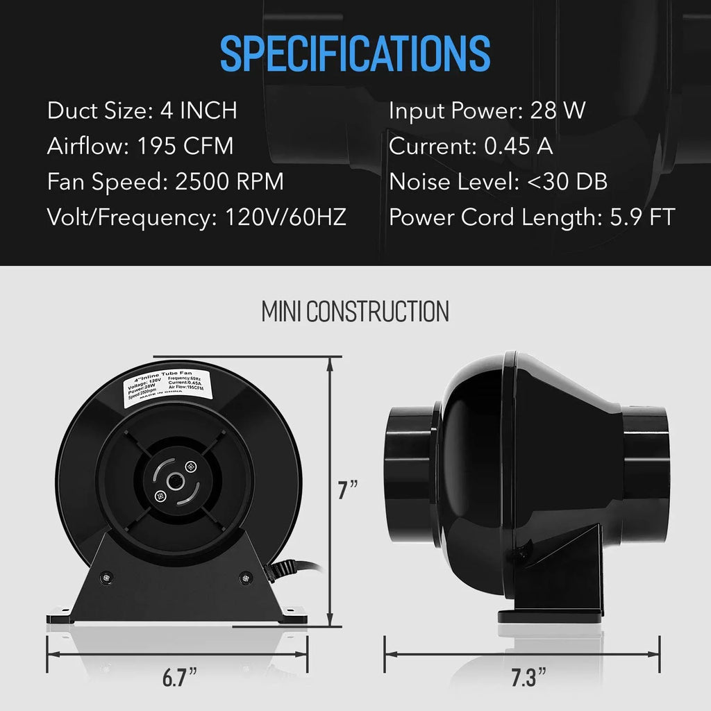 iPower 4 inch 195 CFM Inline Duct Ventilation Fan Air Circulation Vent Blower for Grow Tent, 4" Lite, Black, 1-Pack
