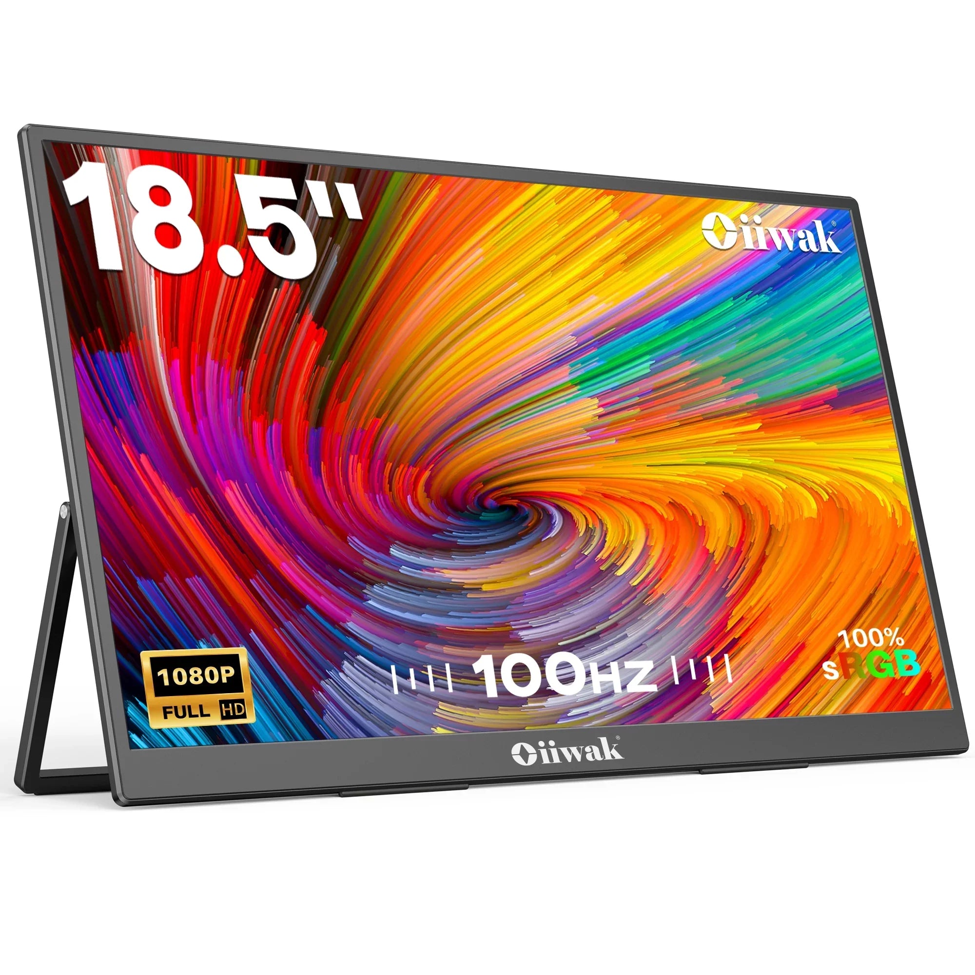 Oiiwak 18.5 inch Large Portable Monitor,100HZ Second Screen Extender for Notebook, 100% sRGB 1080P FHD IPS Frameless Travel Gaming Monitor, Dual Speakers, 180° Foldable Stand & VESA