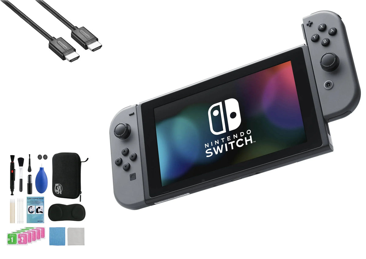 Nintendo Switch - Gray & Gray Joy-Con with HDMI Cable BOLT AXTION Cleaning Kit Bundle Like New
