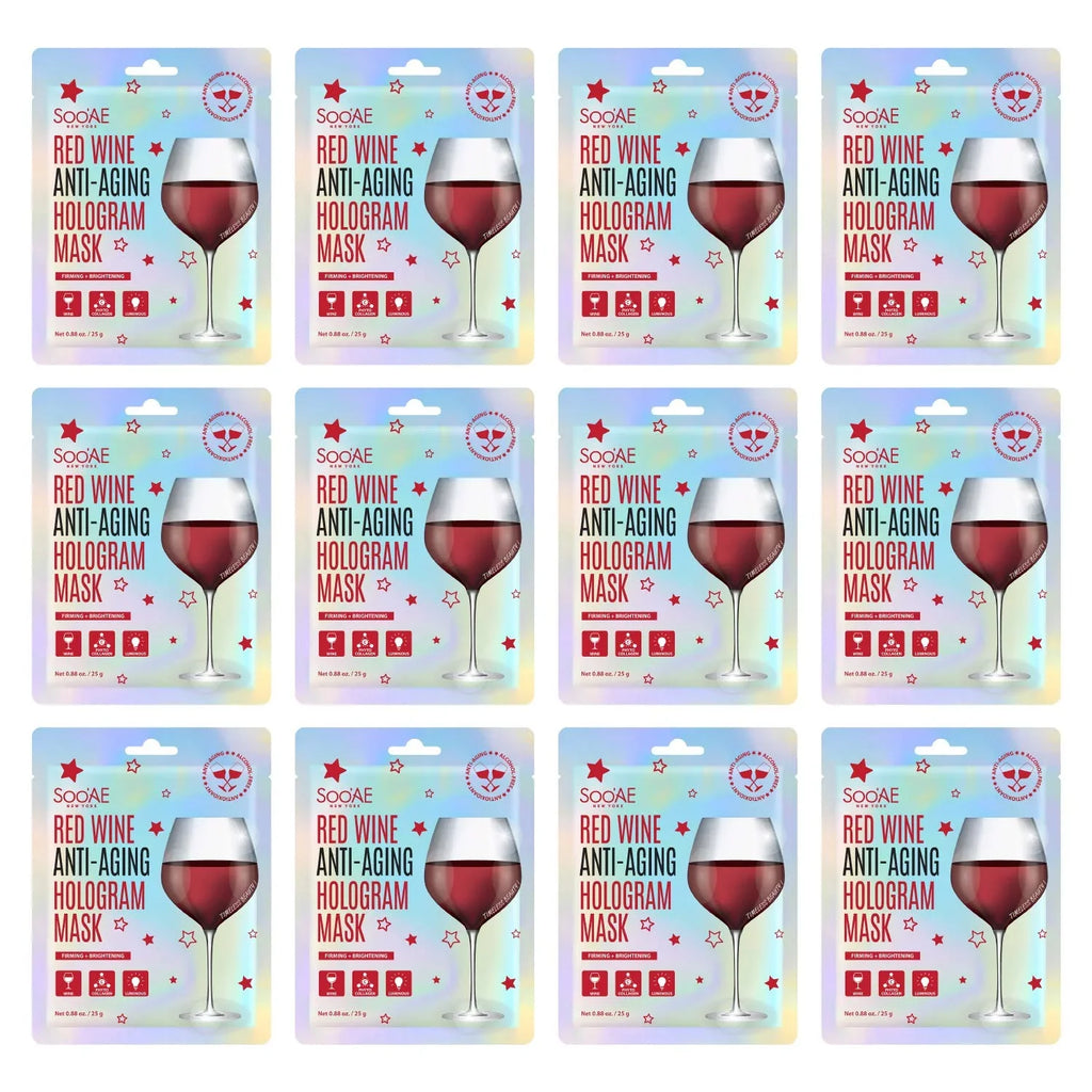 Soo,Ae Red Wine Anti-Aging Hologram Mask [12 Count] Vegan Collagen Antioxidants To Firm, Restore And Brightening Skin, Korean Beauty Sheet Mask Hydrate Glow Brighting Premium Facial Mask Face Wra