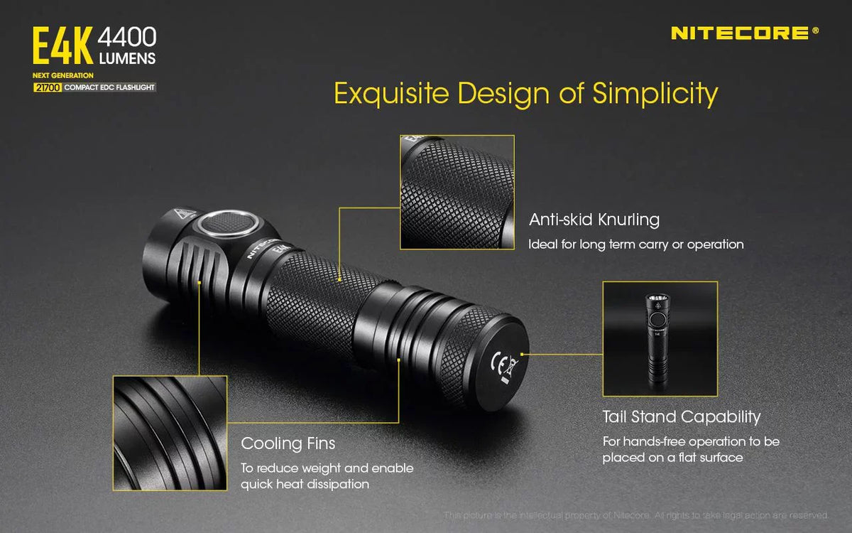 NITECORE E4K Next generation 21700 Compact EDC Flashlight - 4x CREE XP-L2 V6 - 4400 Lumens w/ 1x NITECORE 21700 Rechargeable Li-ion Battery and FREE Eco-Sensa Battery Case