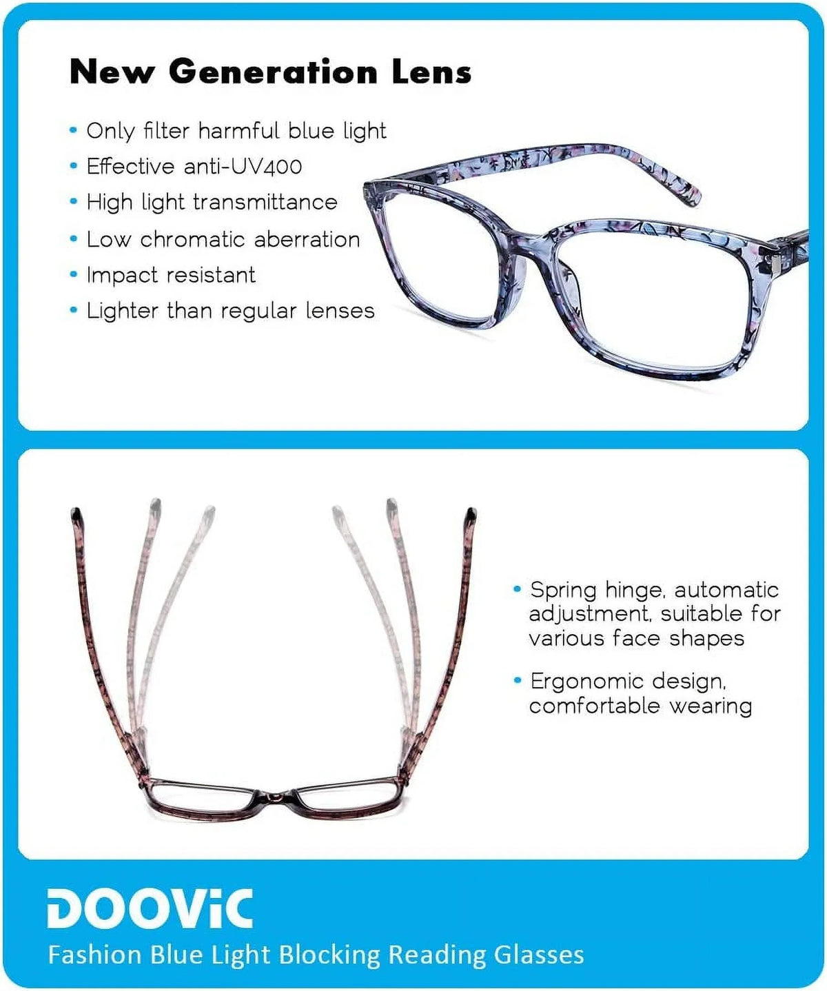 DOOViC 4 Pack Computer Reading Glasses Blue Light Blocking Anti Eyestrain Spring Hinge Stylish Readers for Women 1.50 Strength